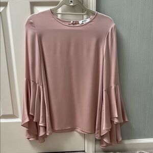 Milly Pink Asymmetrical Ruffled Bell Sleeve Blouse